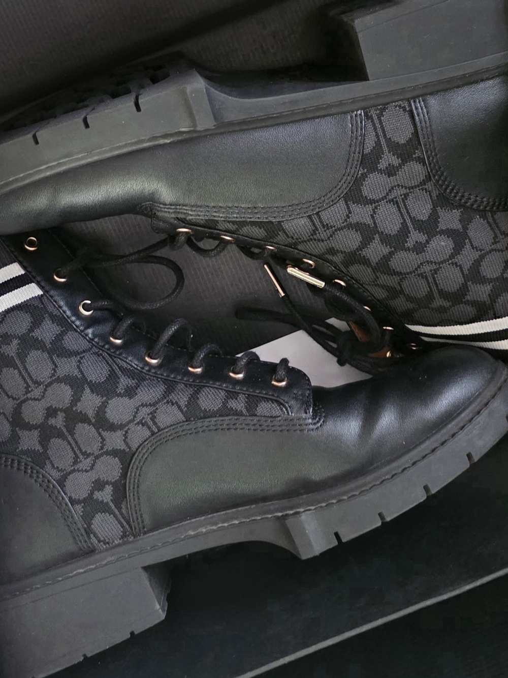 COACH Livia Signature Knit Combat Booties Black Size 8 (With Box) - Picture 2 of 13